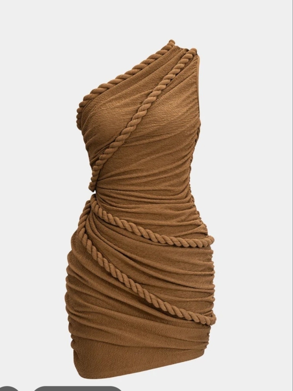 One-Shoulder Brown Ruched Rope-Trim Mini Dress